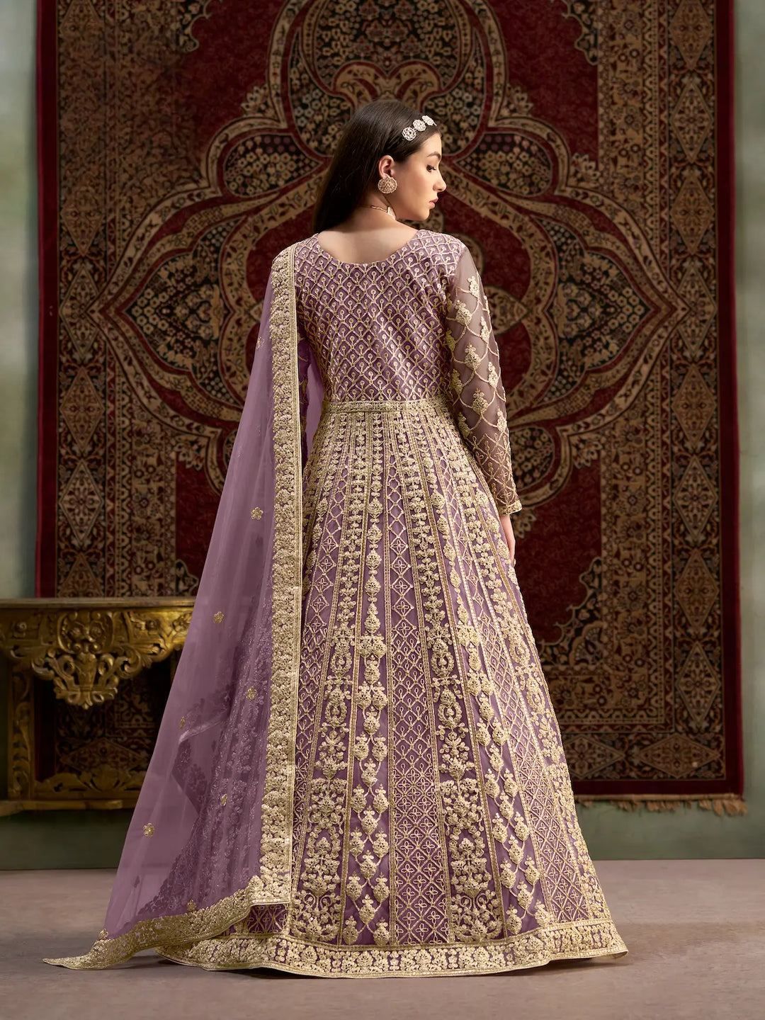 Lavender Net Gown With Sequence & Zari Embroidery Work - qivii