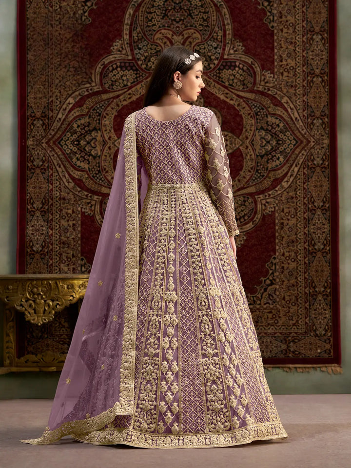 Lavender Net Gown With Sequence & Zari Embroidery Work - qivii