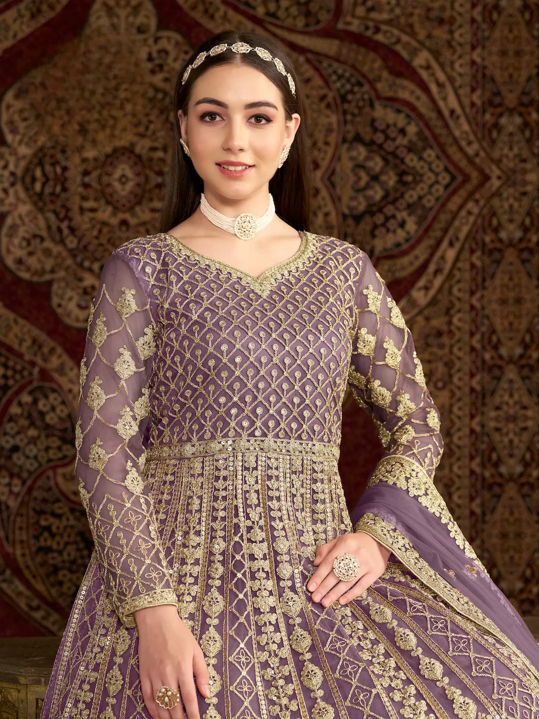 Lavender Net Gown With Sequence & Zari Embroidery Work - qivii