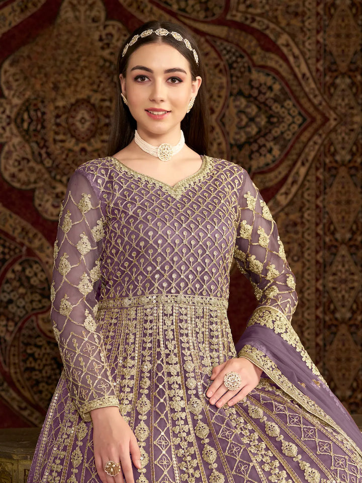 Lavender Net Gown With Sequence & Zari Embroidery Work - qivii