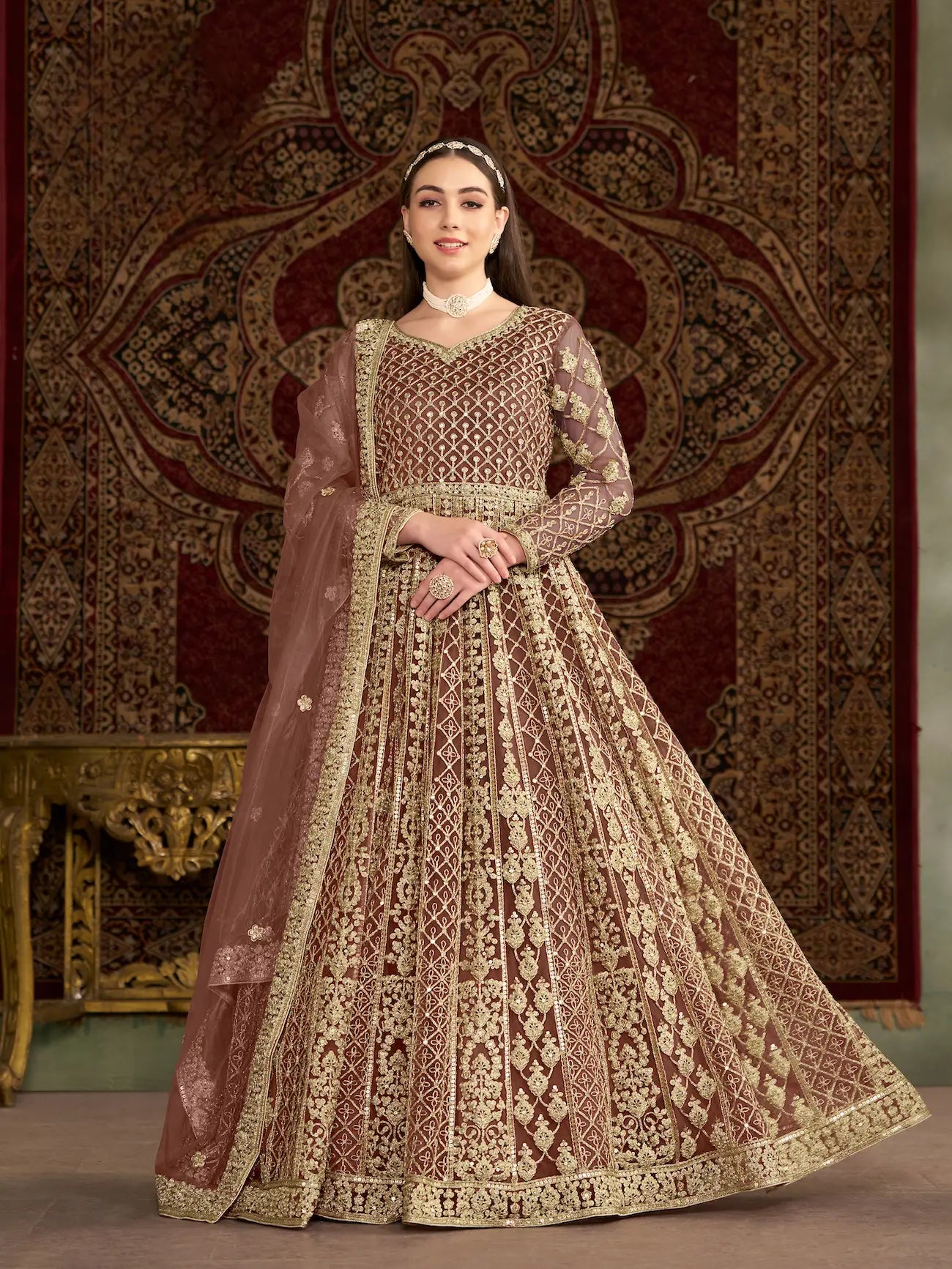 Light Brown Net Gown With Sequence & Zari Embroidery Work