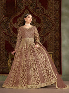 Light Brown Net Gown With Sequence & Zari Embroidery Work