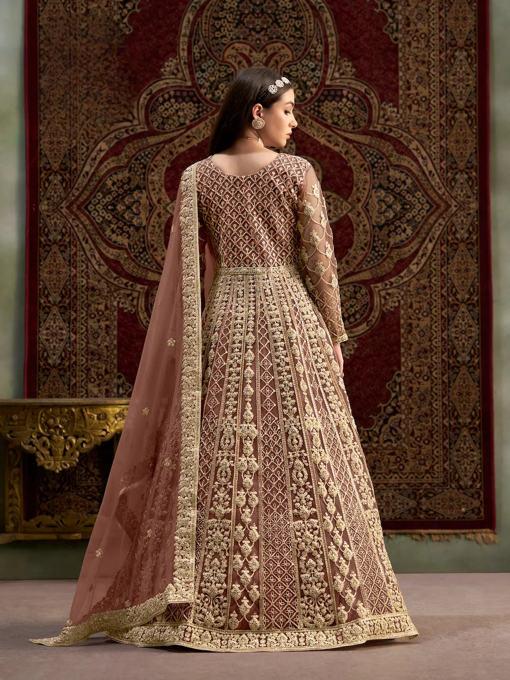 Light Brown Net Gown With Sequence & Zari Embroidery Work