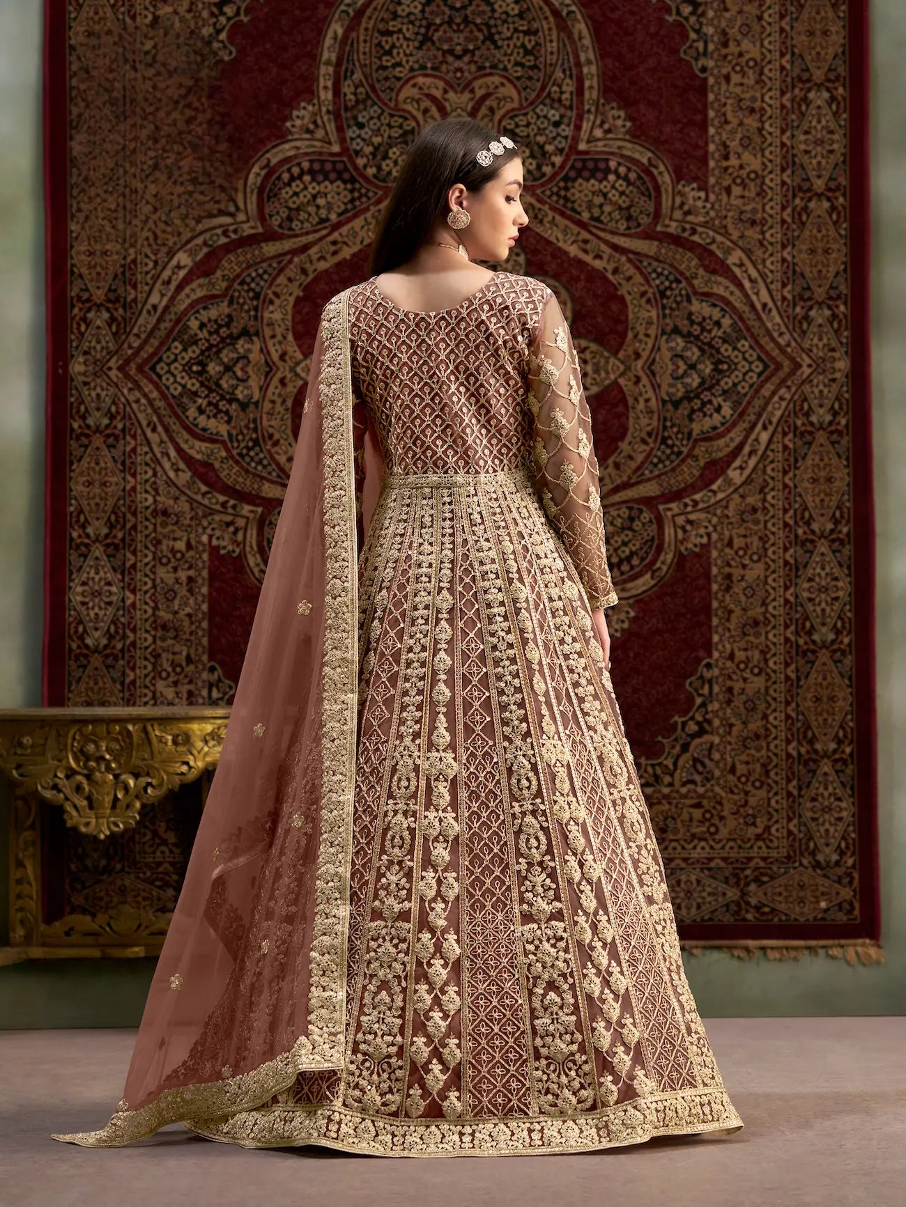 Light Brown Net Gown With Sequence & Zari Embroidery Work