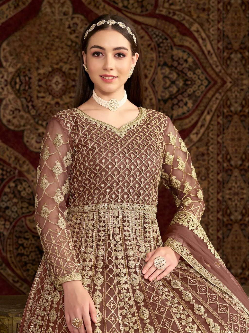 Light Brown Net Gown With Sequence & Zari Embroidery Work