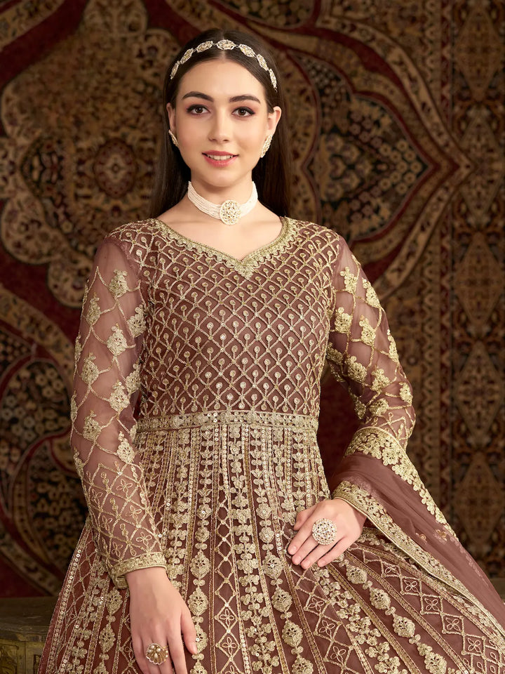 Light Brown Net Gown With Sequence & Zari Embroidery Work - qivii