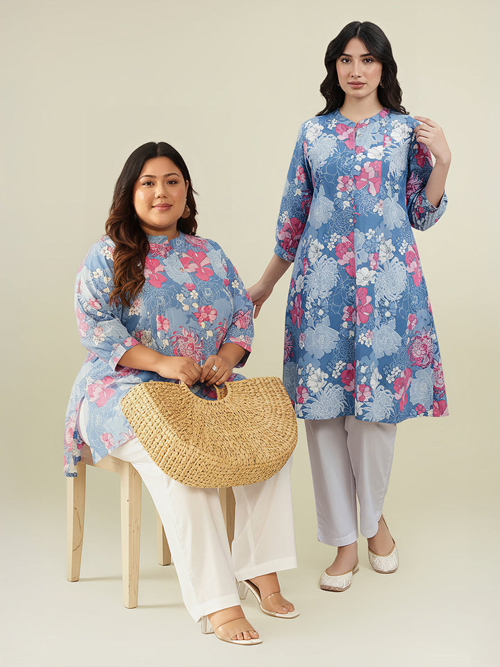 Plus Size Blue Pure Cotton Floral Printed A-line Tunic - qivii