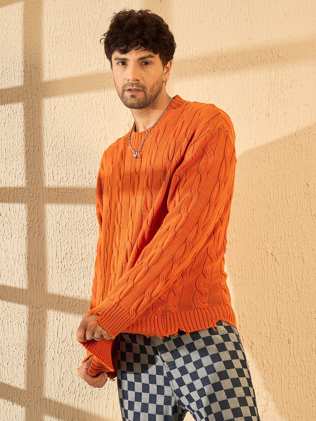 Tangerine Cable Knit Distressed Sweater