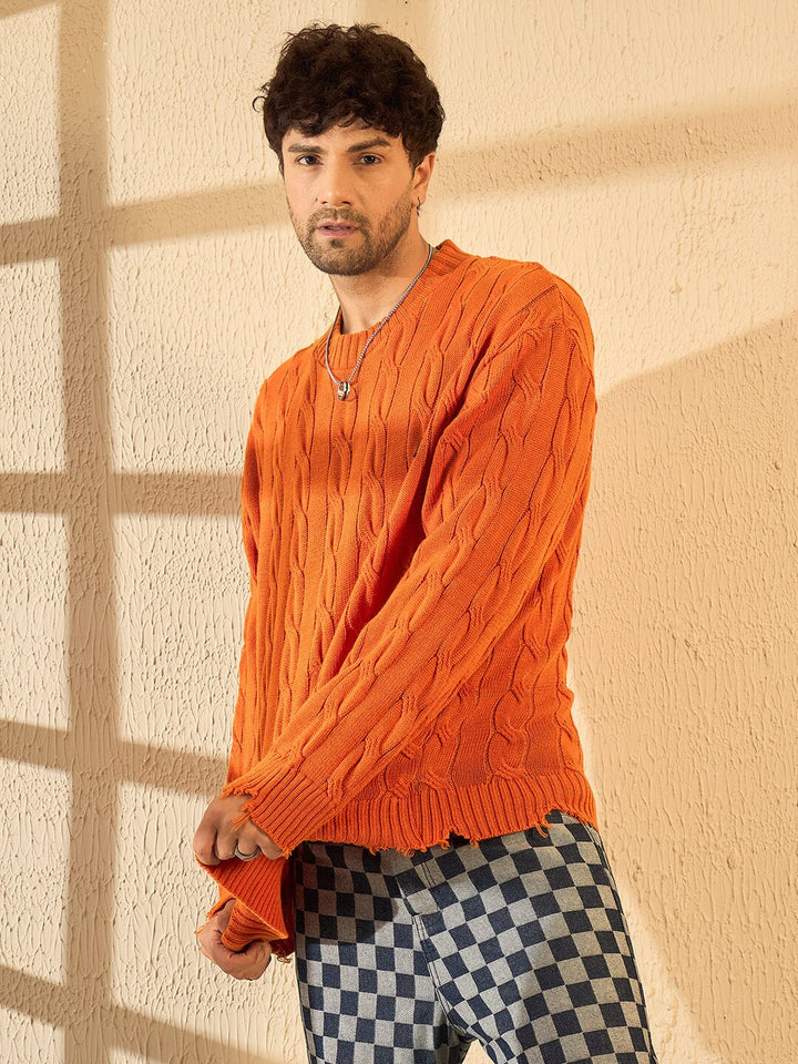 Tangerine Cable Knit Distressed Sweater