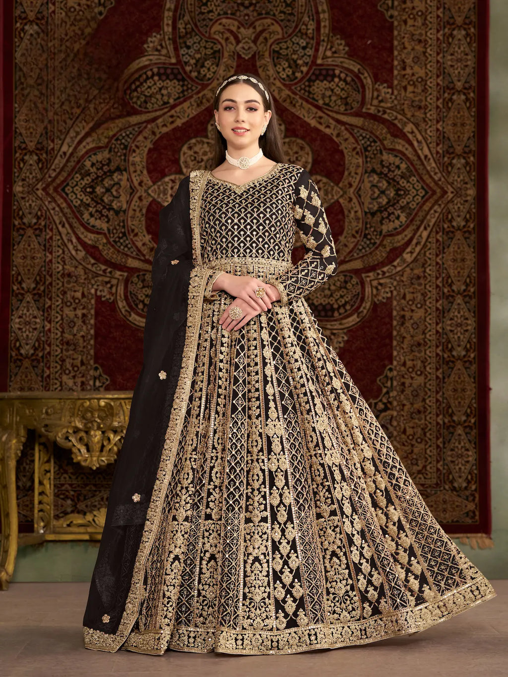 Black Net Gown With Sequence & Zari Embroidery Work