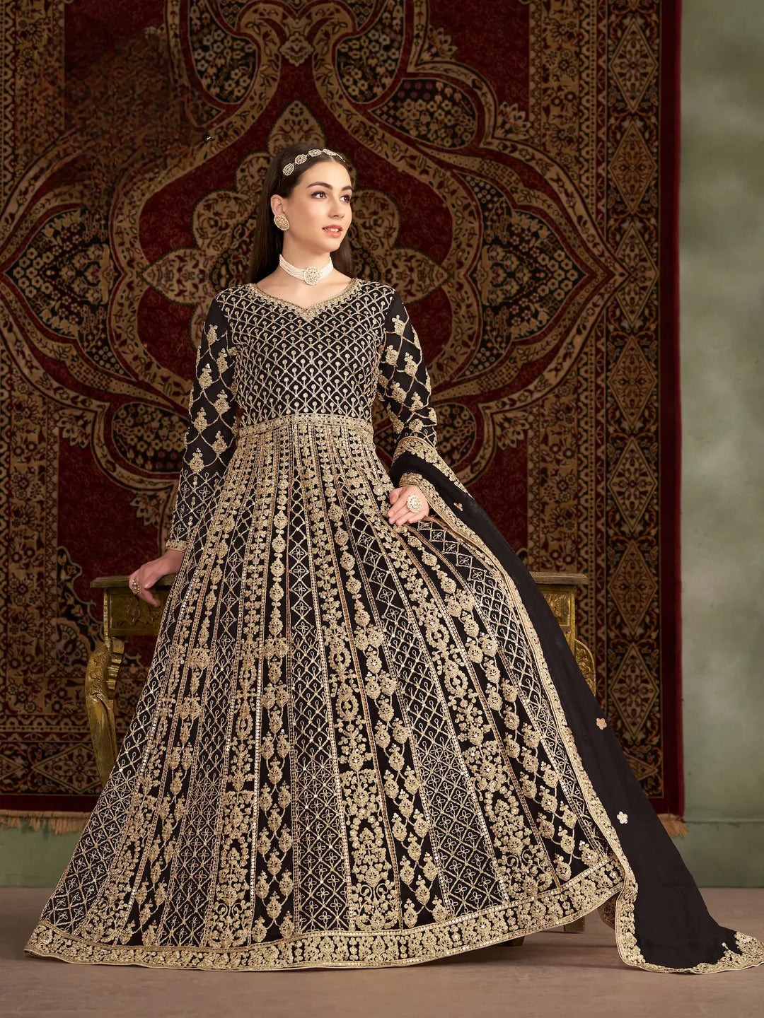 Black Net Gown With Sequence & Zari Embroidery Work - qivii