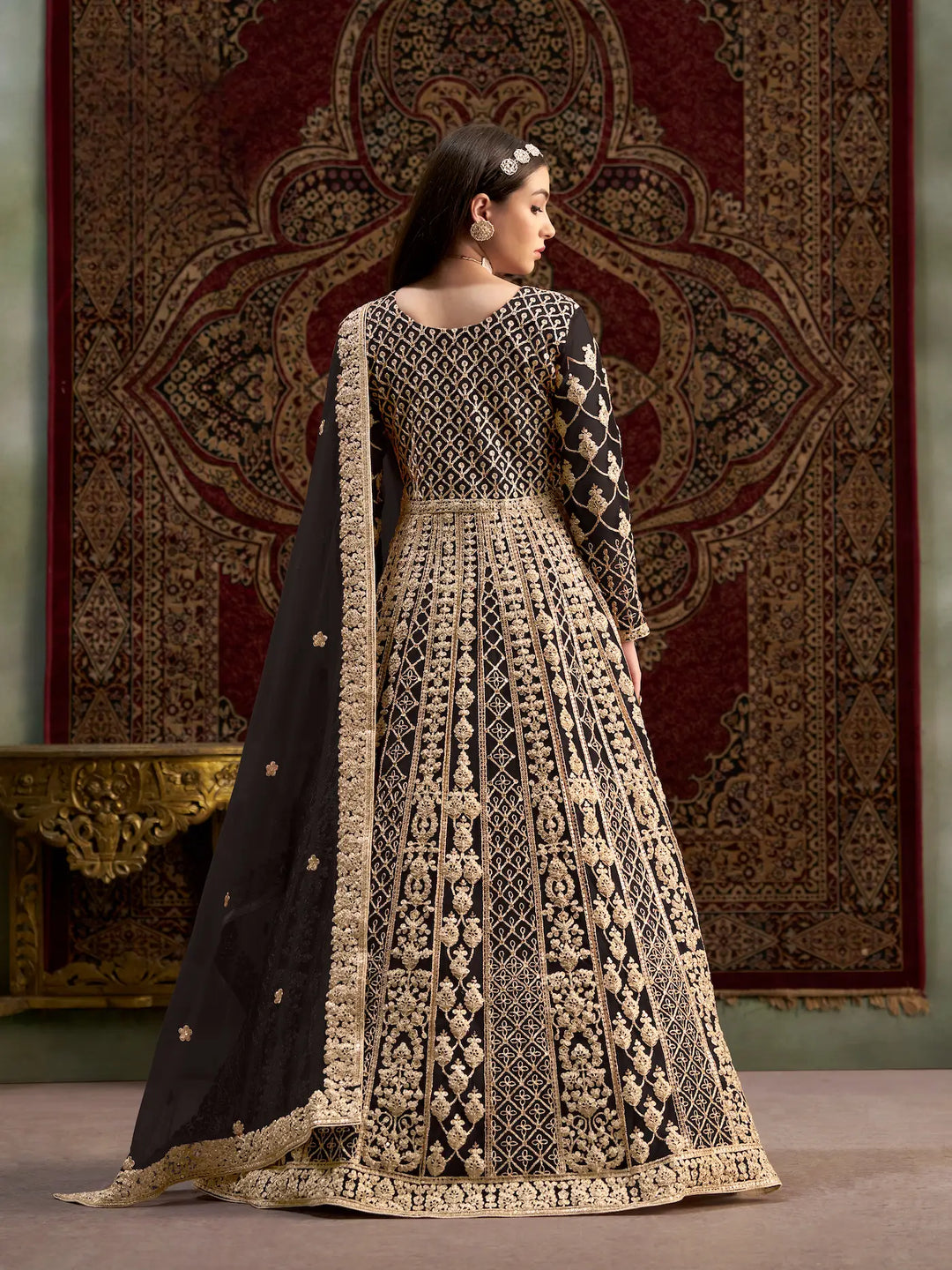 Black Net Gown With Sequence & Zari Embroidery Work - qivii