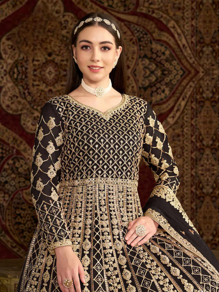 Black Net Gown With Sequence & Zari Embroidery Work - qivii