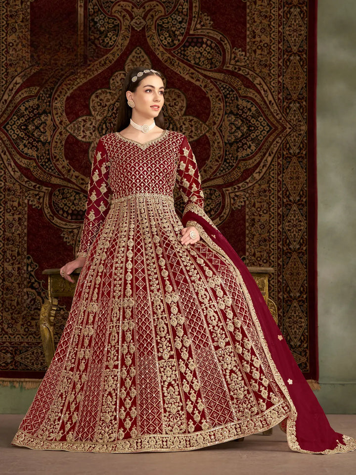 Dark Red Net Gown With Sequence & Zari Embroidery Work - qivii