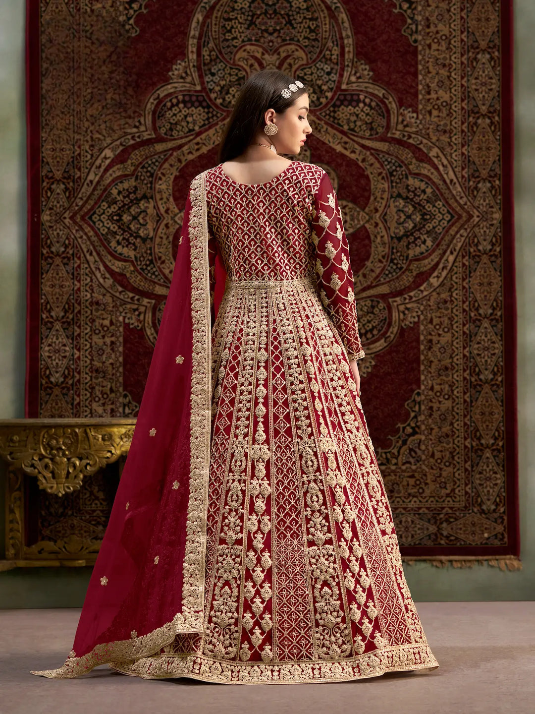 Dark Red Net Gown With Sequence & Zari Embroidery Work - qivii