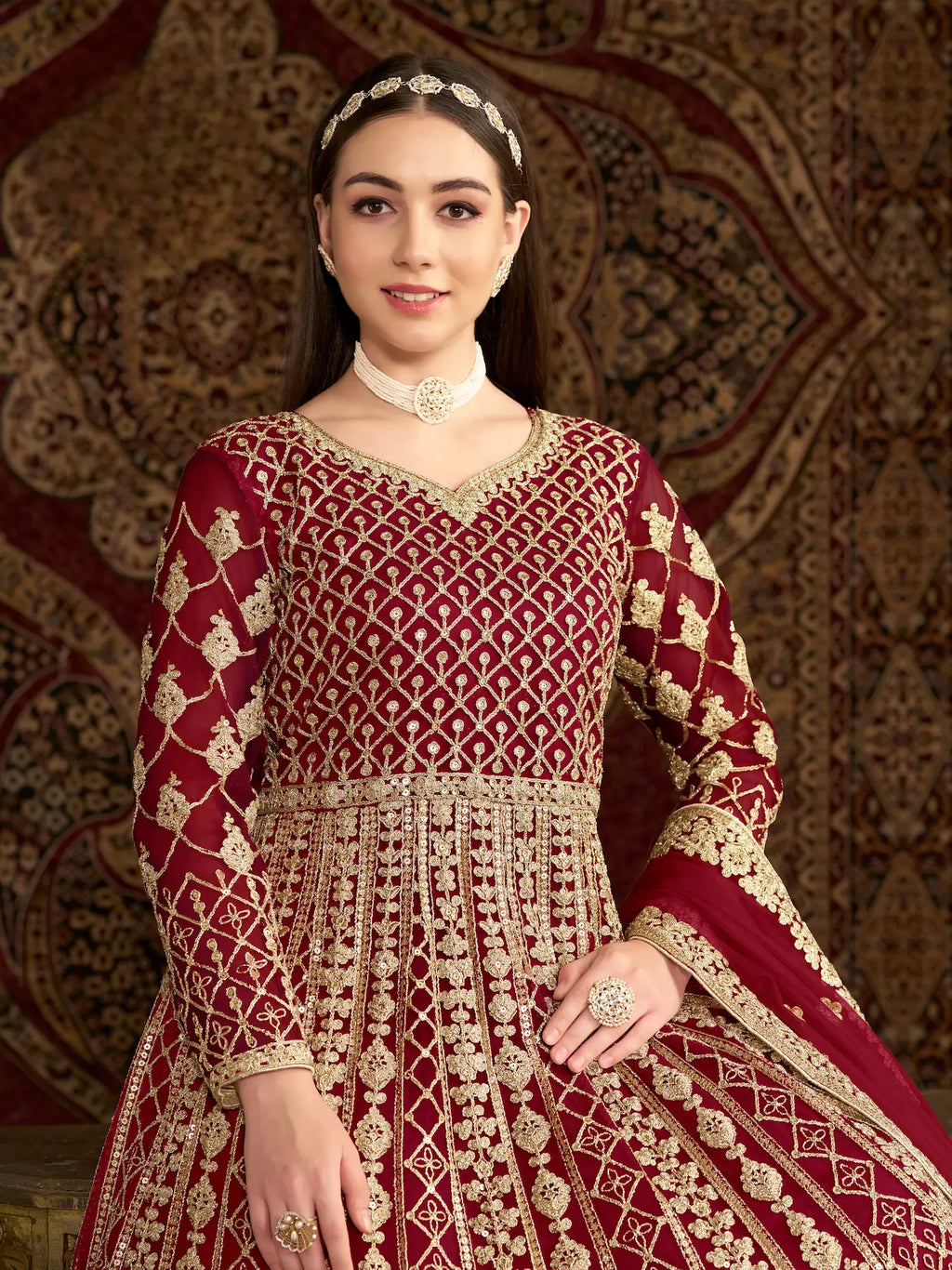 Dark Red Net Gown With Sequence & Zari Embroidery Work