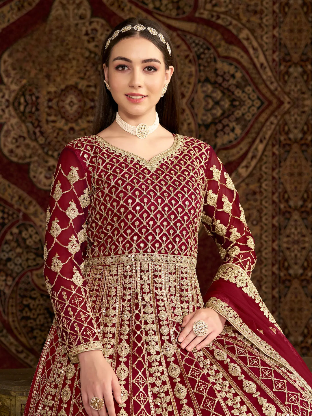 Dark Red Net Gown With Sequence & Zari Embroidery Work - qivii