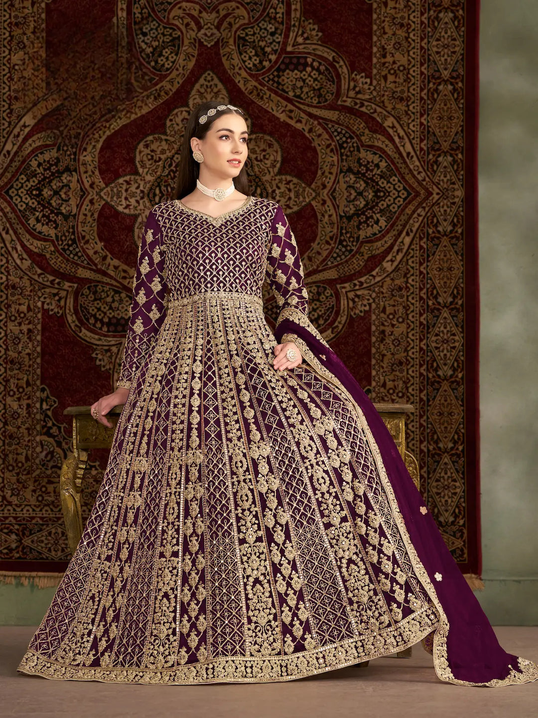 Wine Net Gown With Sequence & Zari Embroidery Work - qivii