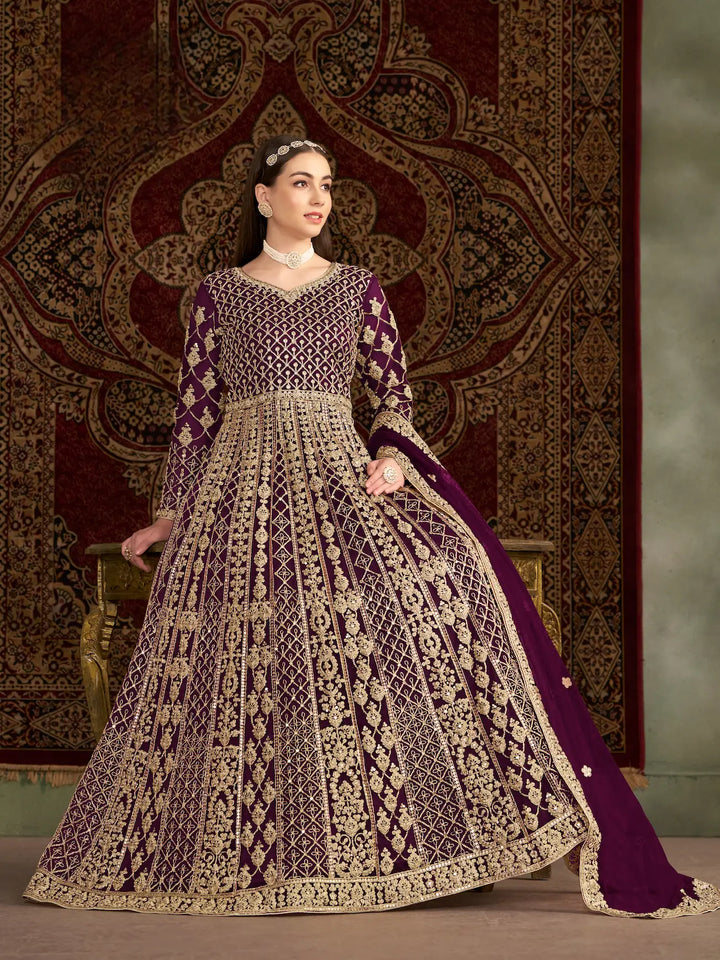 Wine Net Gown With Sequence & Zari Embroidery Work - qivii