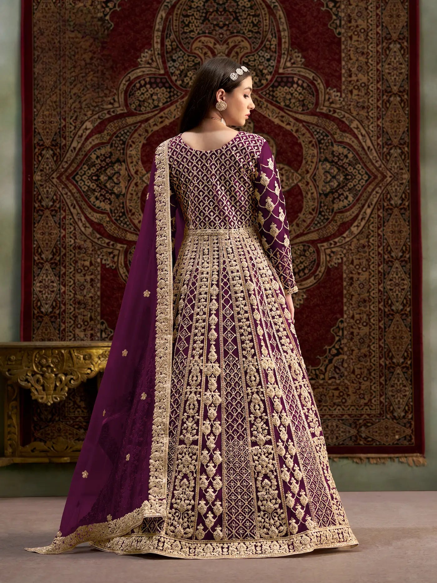 Wine Net Gown With Sequence & Zari Embroidery Work
