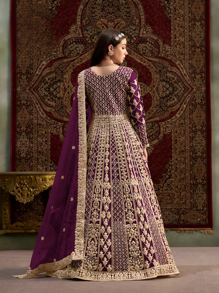 Wine Net Gown With Sequence & Zari Embroidery Work - qivii