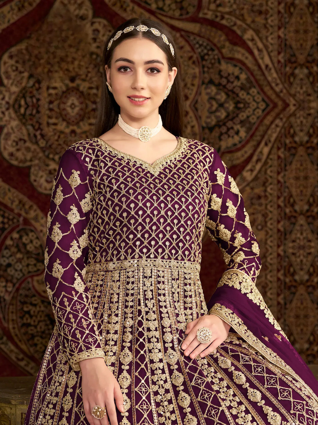 Wine Net Gown With Sequence & Zari Embroidery Work - qivii