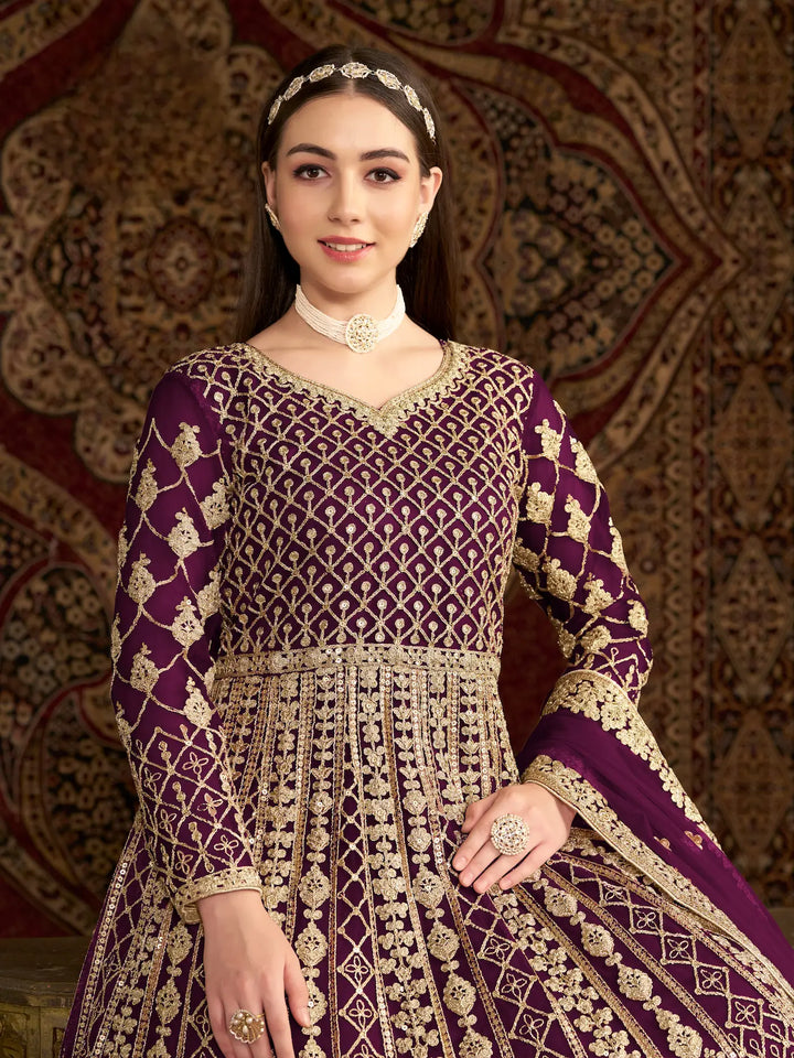 Wine Net Gown With Sequence & Zari Embroidery Work - qivii