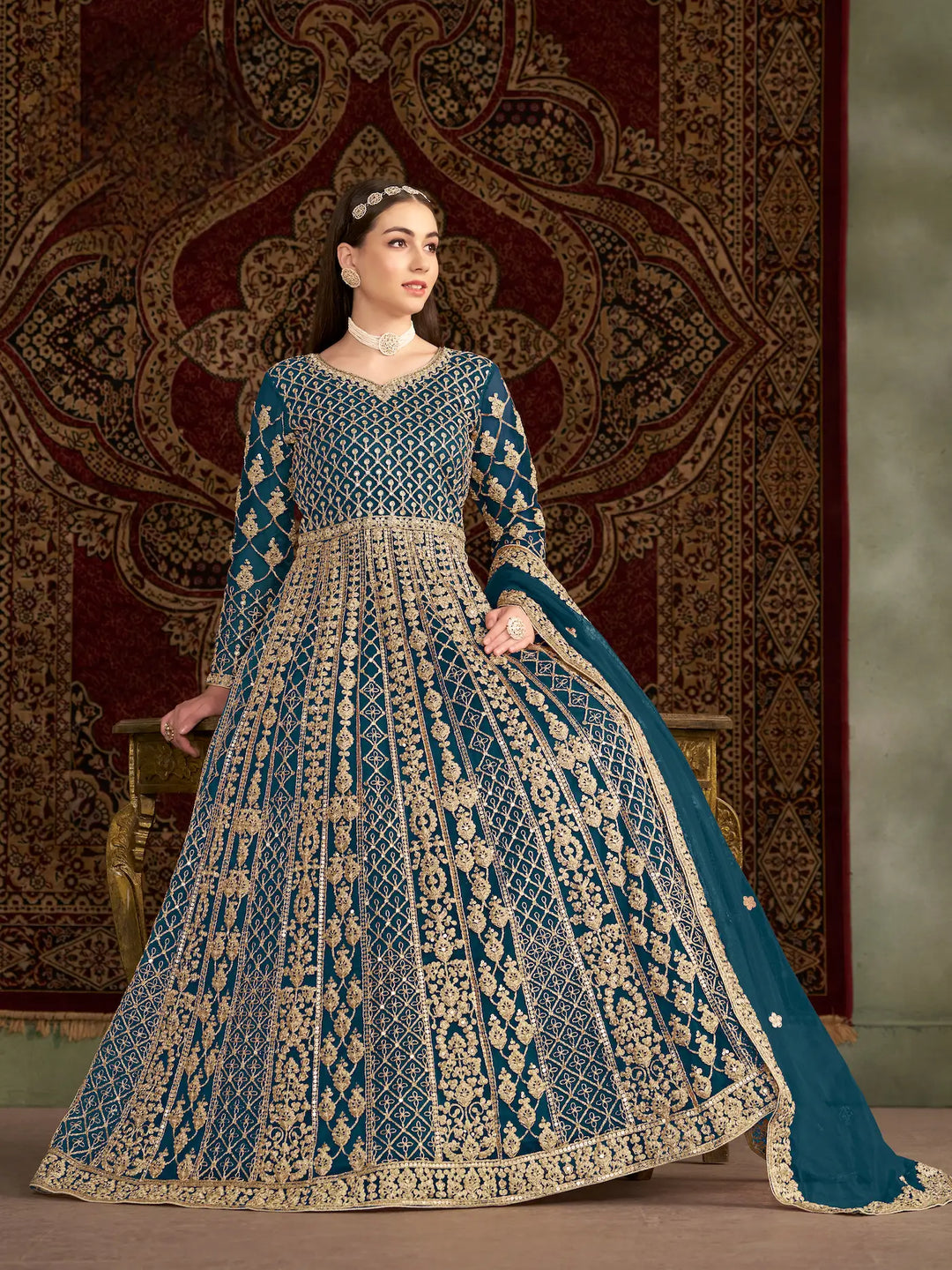 Teal Blue Net Gown With Sequence & Zari Embroidery Work - qivii