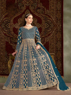 Teal Blue Net Gown With Sequence & Zari Embroidery Work