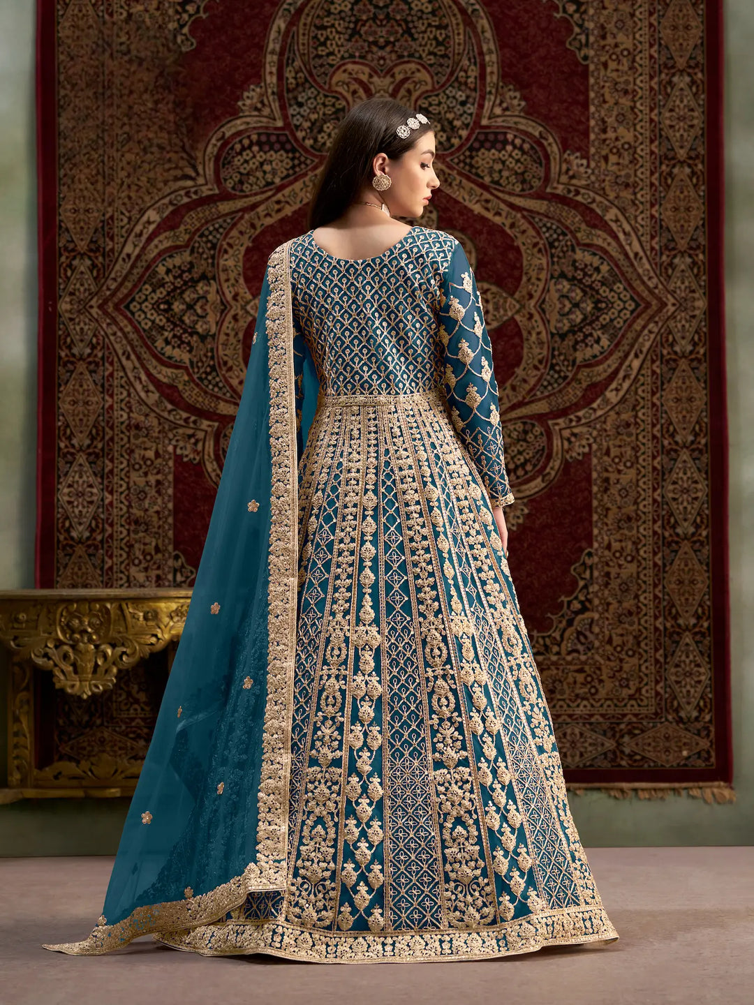 Teal Blue Net Gown With Sequence & Zari Embroidery Work - qivii