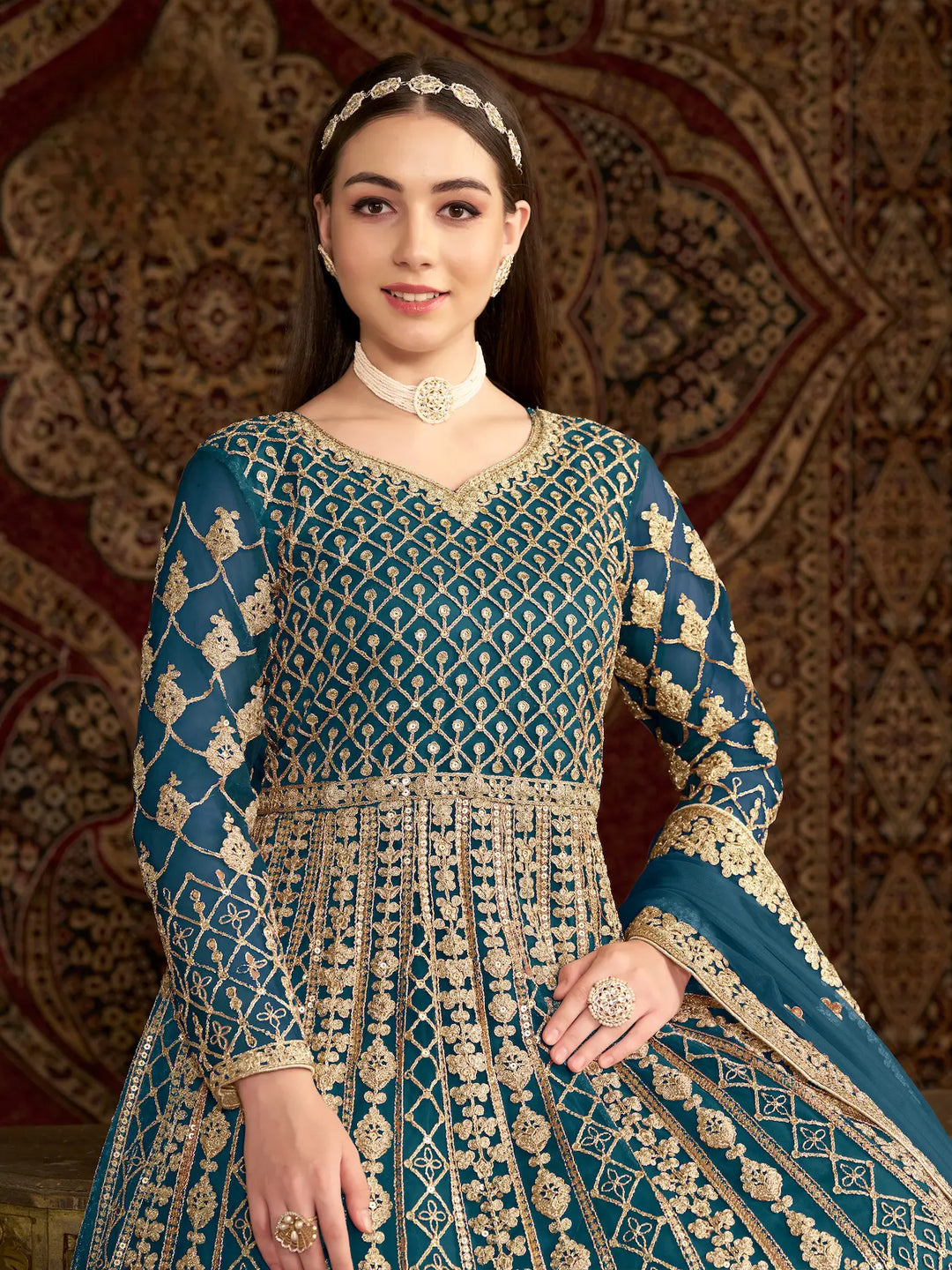 Teal Blue Net Gown With Sequence & Zari Embroidery Work - qivii