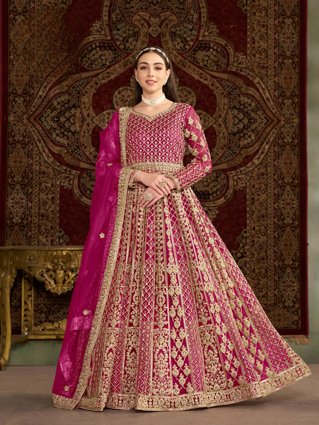Dark Pink Net Gown With Sequence & Zari Embroidery Work - qivii