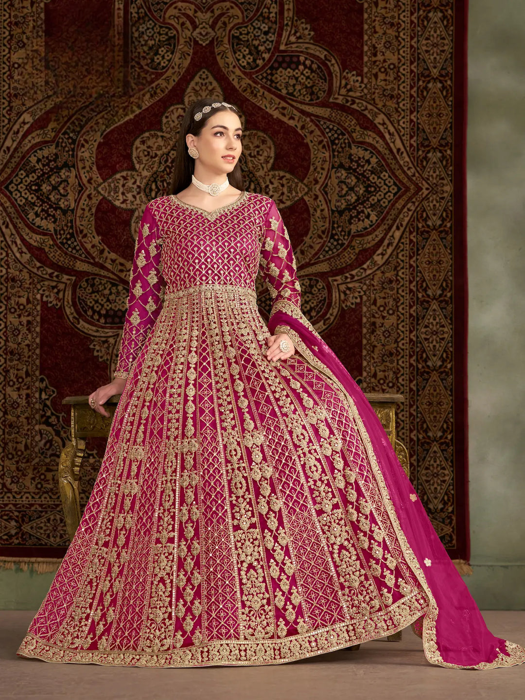 Dark Pink Net Gown With Sequence & Zari Embroidery Work - qivii