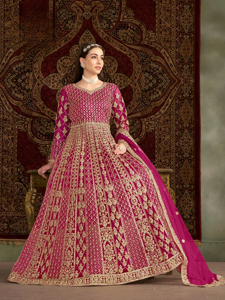 Dark Pink Net Gown With Sequence & Zari Embroidery Work - qivii