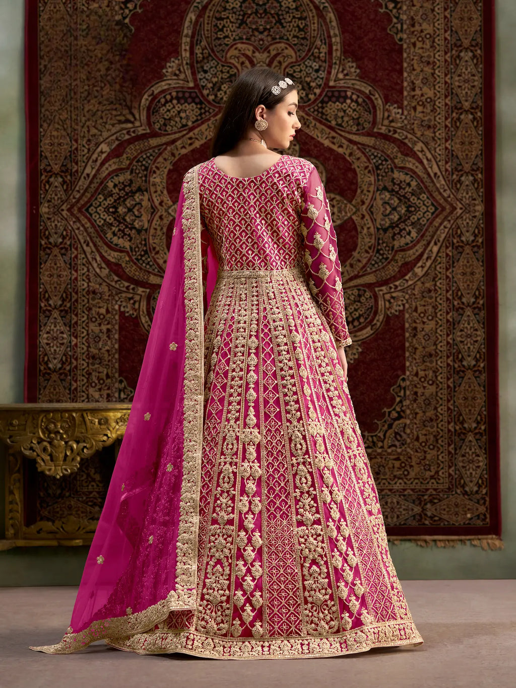 Dark Pink Net Gown With Sequence & Zari Embroidery Work