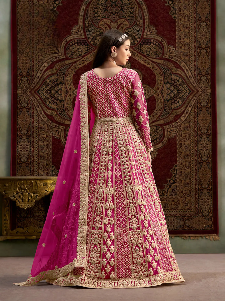Dark Pink Net Gown With Sequence & Zari Embroidery Work - qivii