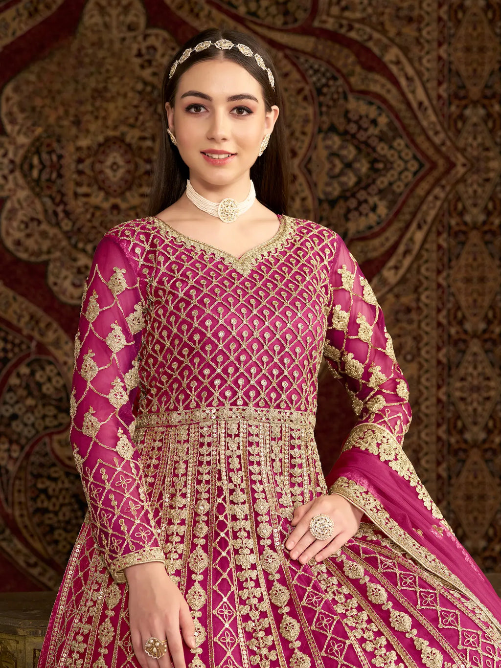 Dark Pink Net Gown With Sequence & Zari Embroidery Work