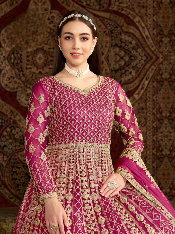 Dark Pink Net Gown With Sequence & Zari Embroidery Work - qivii