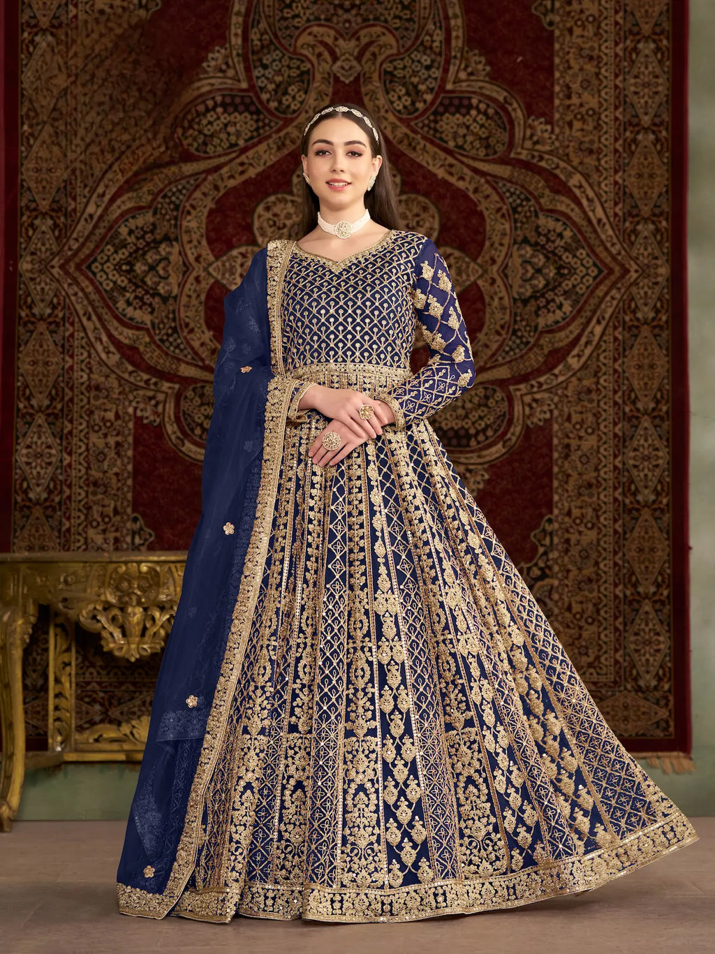 Navy Blue Net Gown With Sequence & Zari Embroidery Work