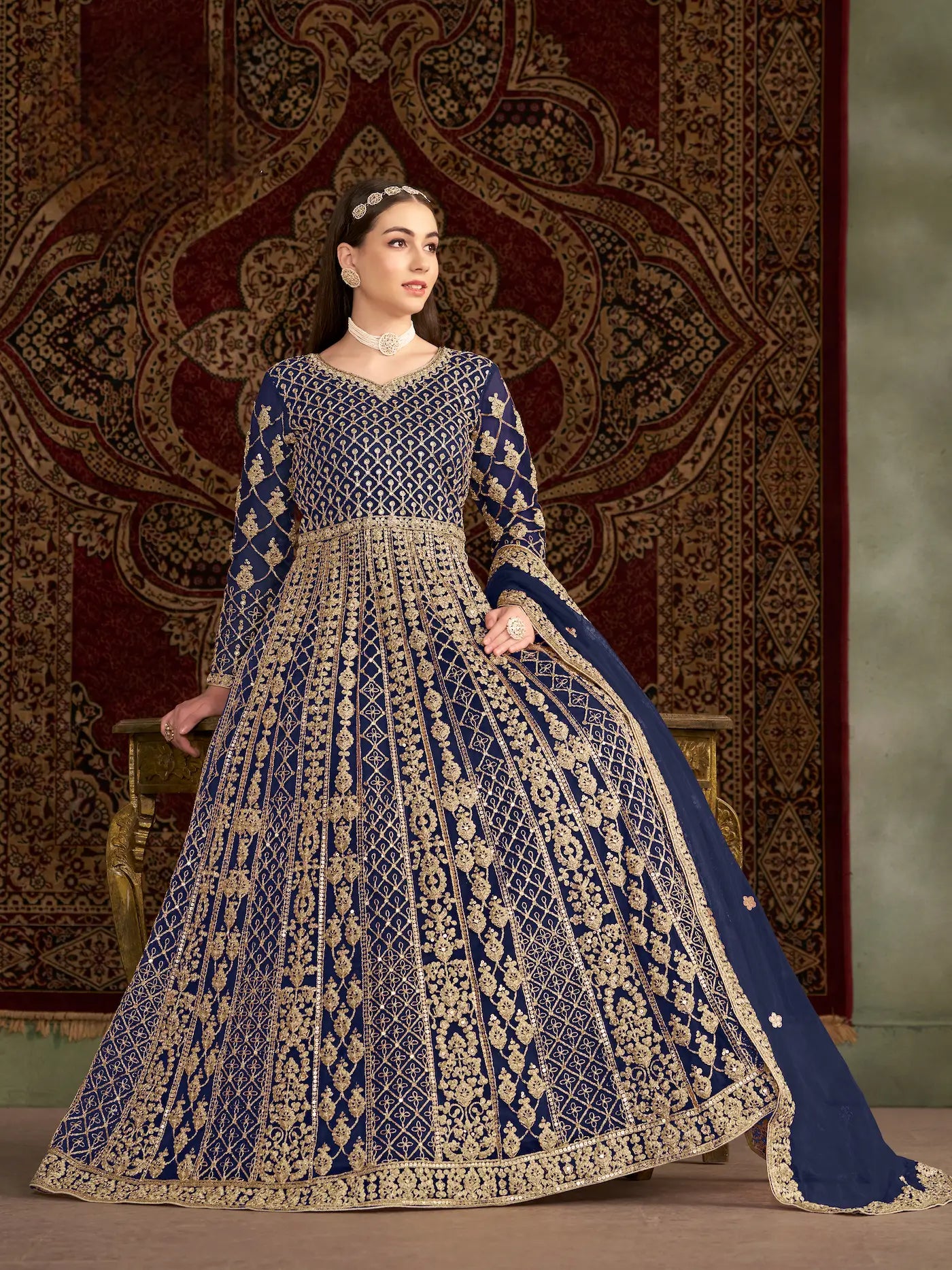Navy Blue Net Gown With Sequence & Zari Embroidery Work