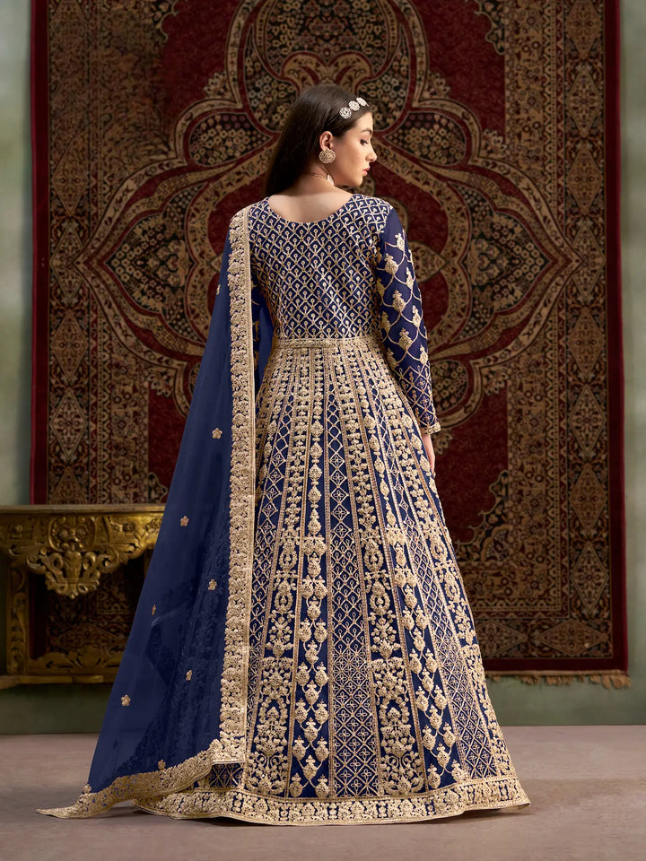 Navy Blue Net Gown With Sequence & Zari Embroidery Work - qivii