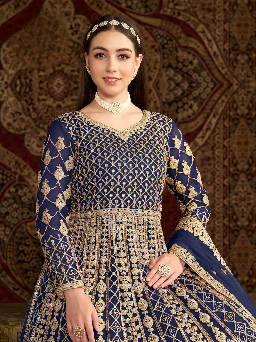 Navy Blue Net Gown With Sequence & Zari Embroidery Work