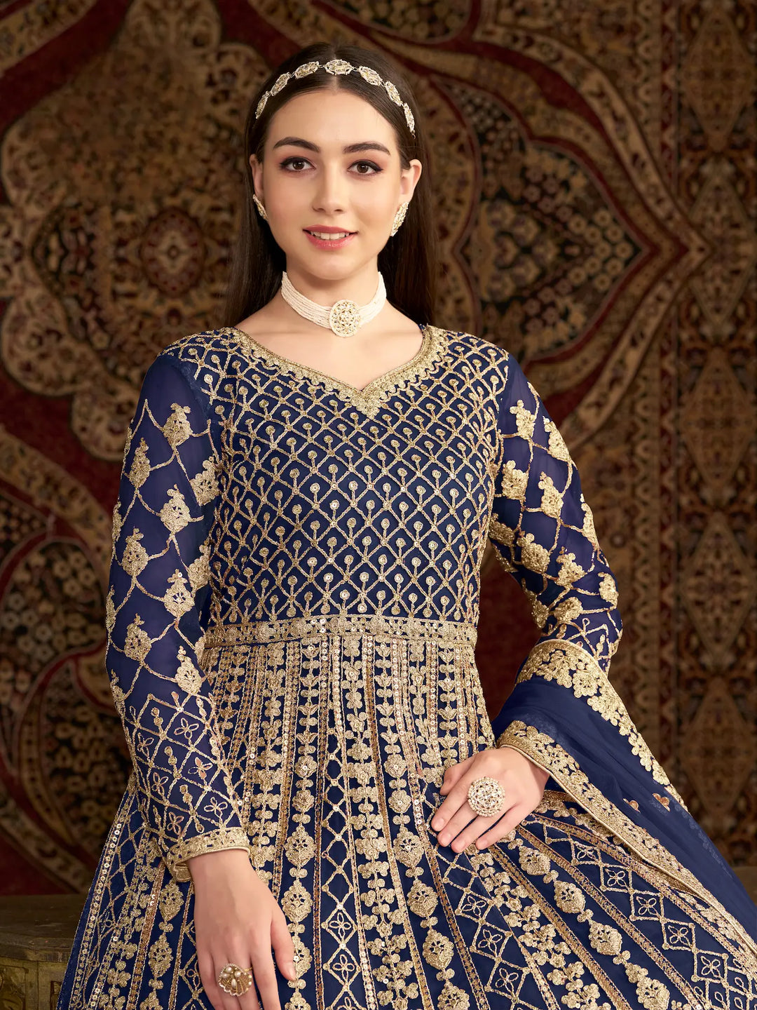 Navy Blue Net Gown With Sequence & Zari Embroidery Work - qivii