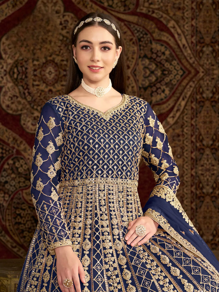 Navy Blue Net Gown With Sequence & Zari Embroidery Work - qivii