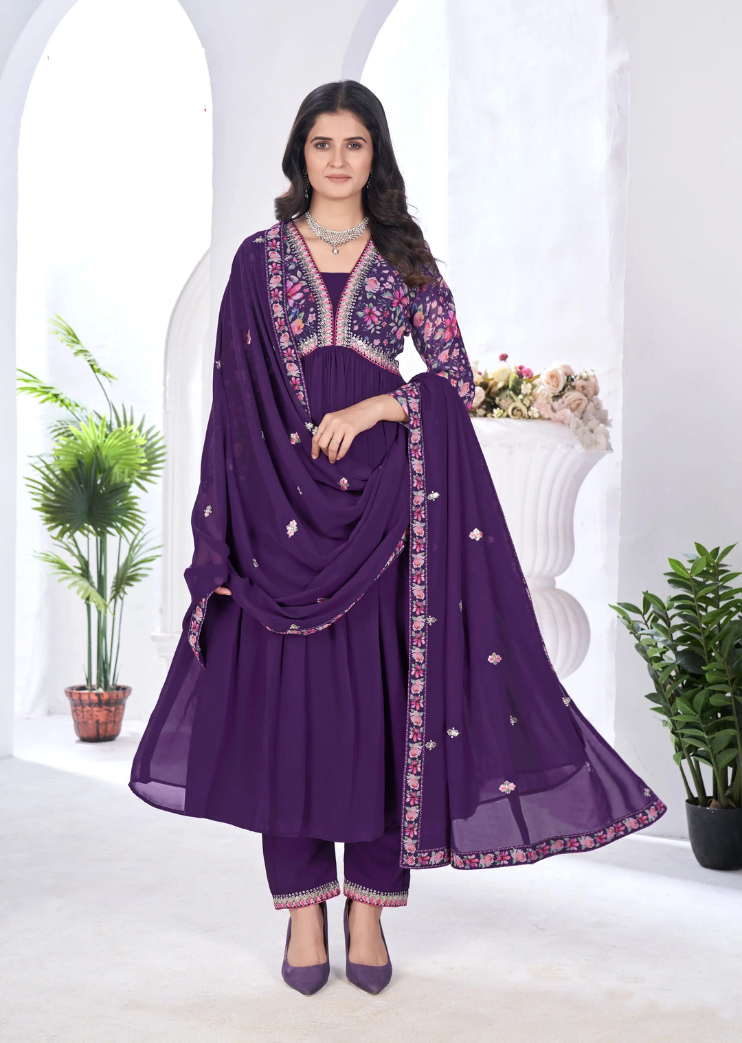 Purple Magenta Floral Print With Embroidery Work Gown With Dupatta - qivii