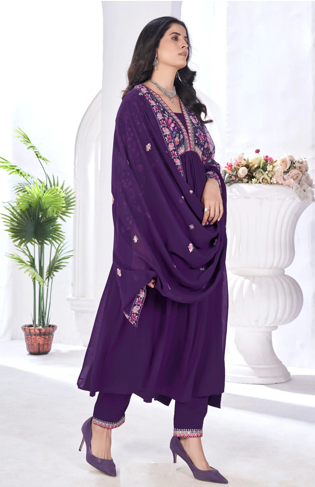 Purple Magenta Floral Print With Embroidery Work Gown With Dupatta
