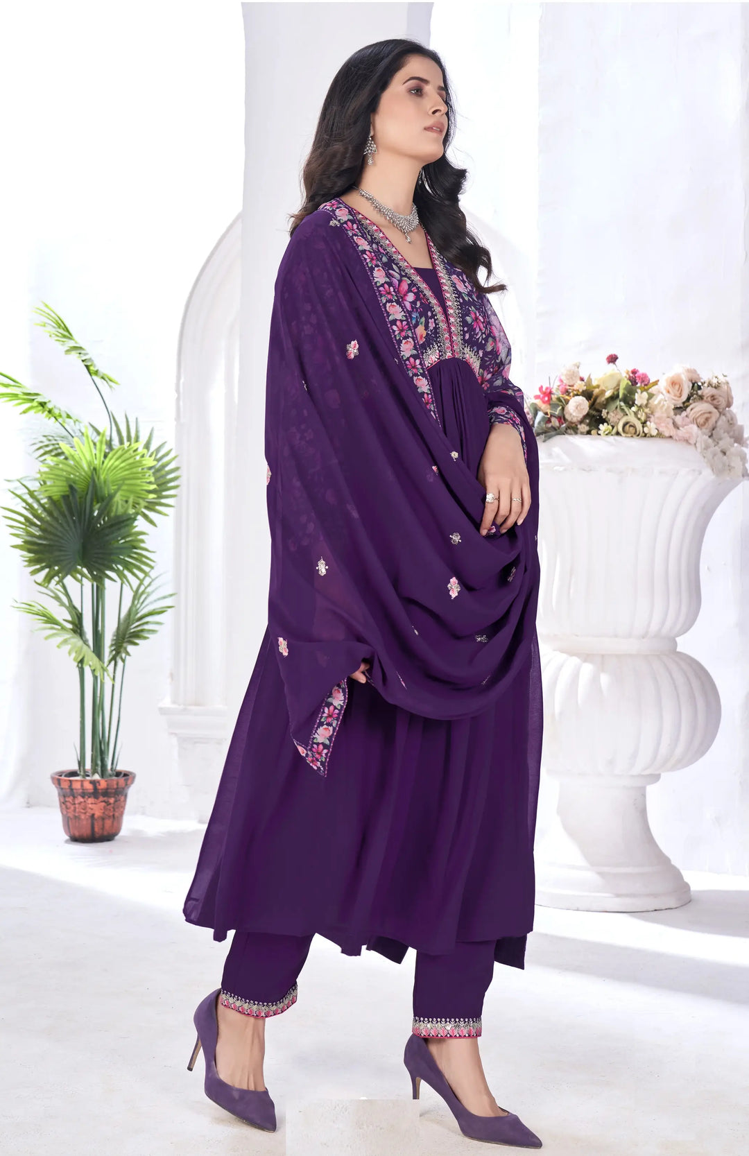Purple Magenta Floral Print With Embroidery Work Gown With Dupatta - qivii