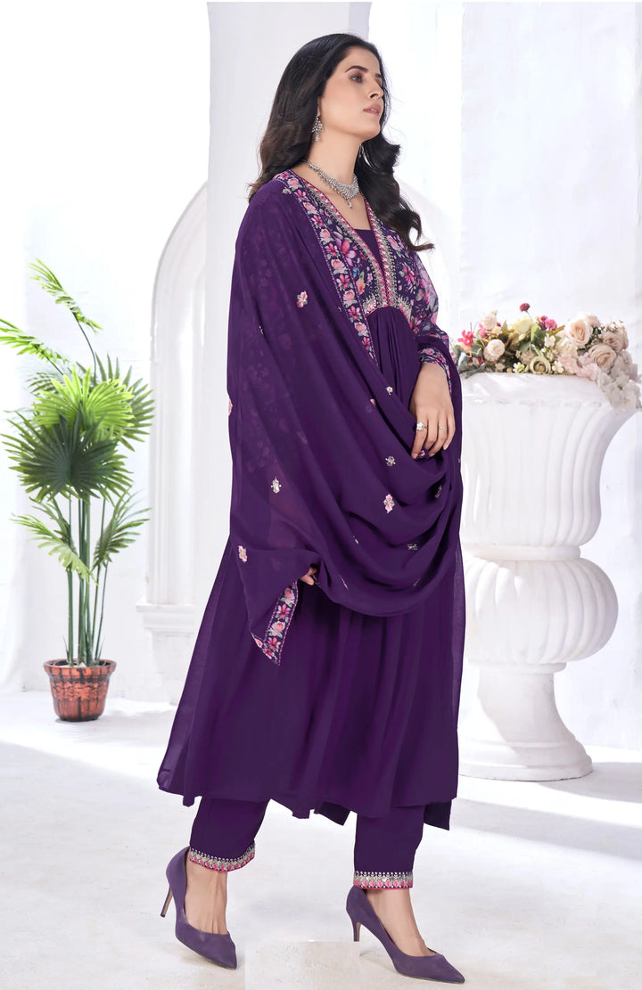 Purple Magenta Floral Print With Embroidery Work Gown With Dupatta - qivii