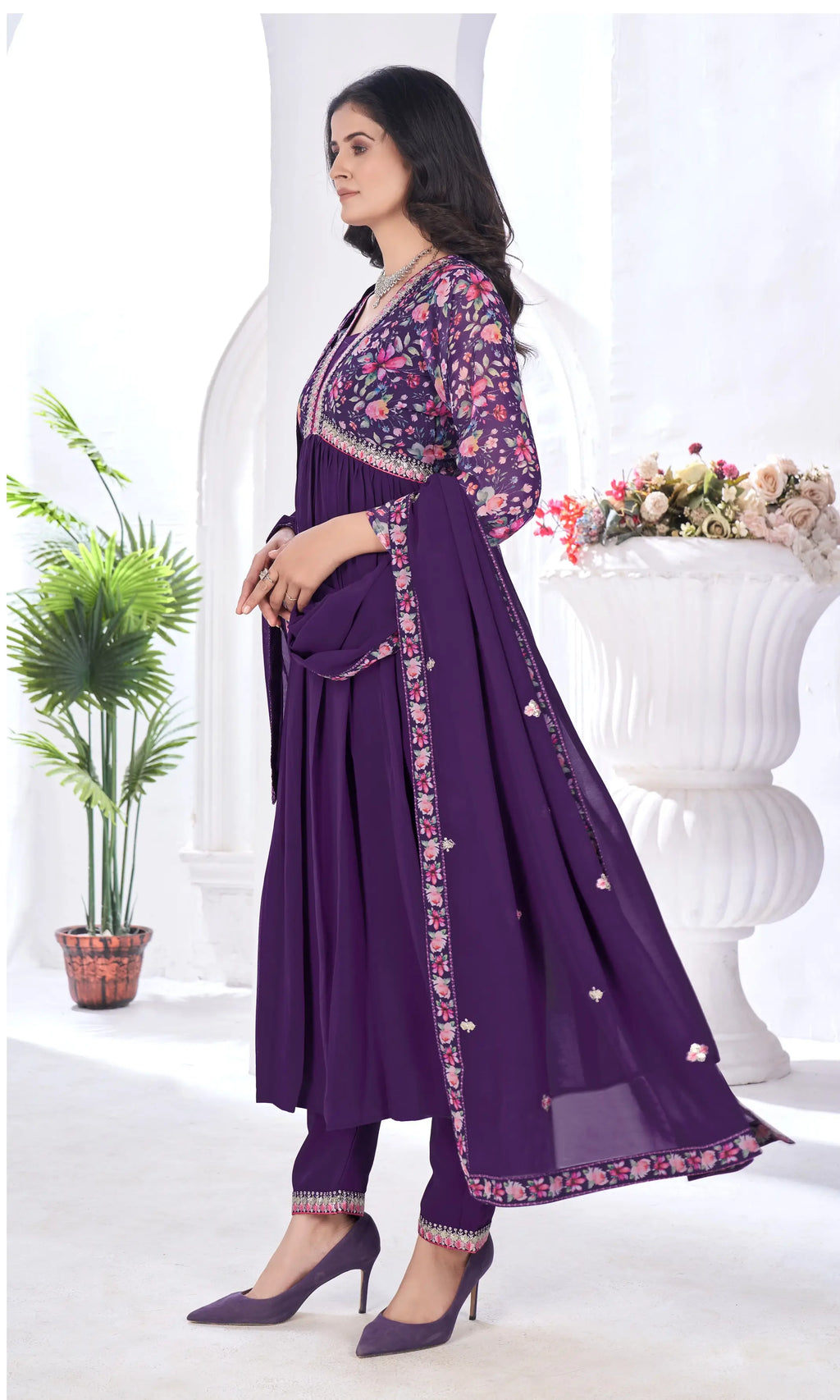 Purple Magenta Floral Print With Embroidery Work Gown With Dupatta