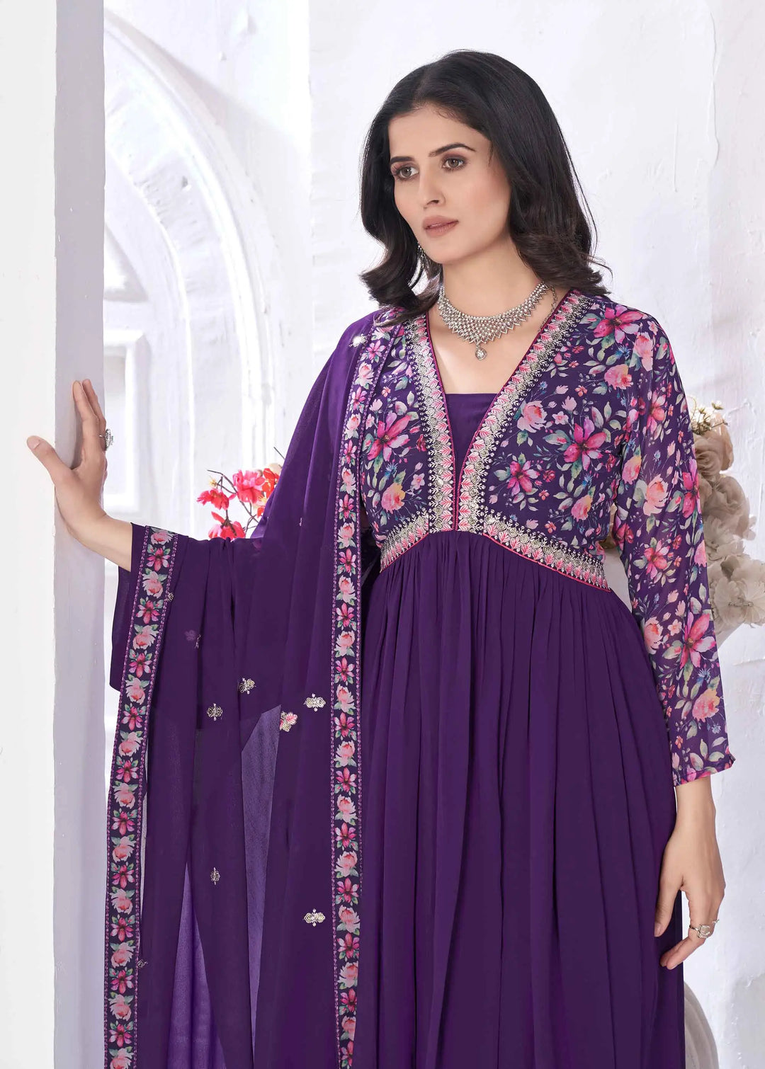 Purple Magenta Floral Print With Embroidery Work Gown With Dupatta - qivii